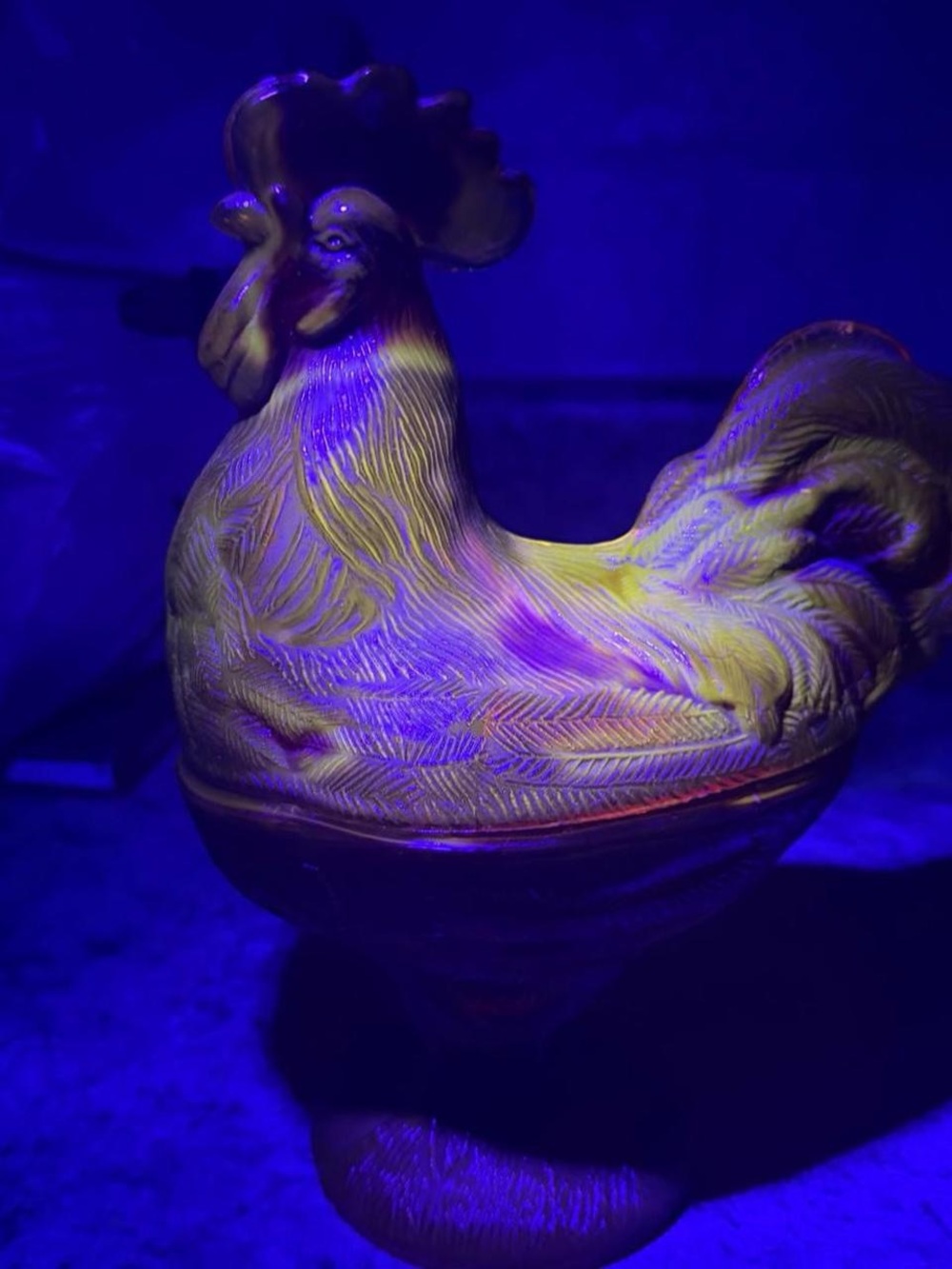 Vintage Amberina Glass Standing Rooster Hen on Nest Glass Dish UV Reactive Glows